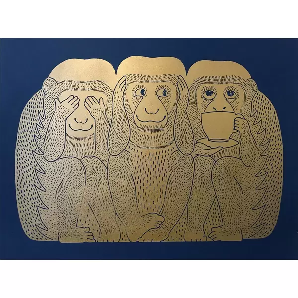 Monika Petersen Art Print - 3 aber / 3 monkeys guld/indigo