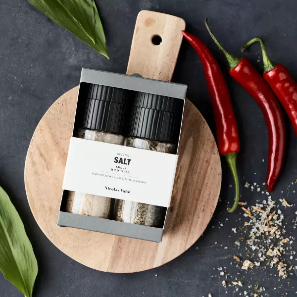 Nicolas Vahé - Gaveæske Øko Chilisalt + Salt med Ramsløg