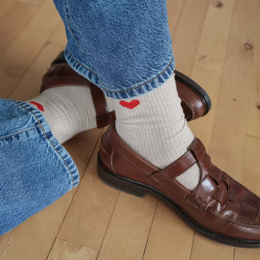 By Stær - Strømper med hjerte, Beige/Rød
