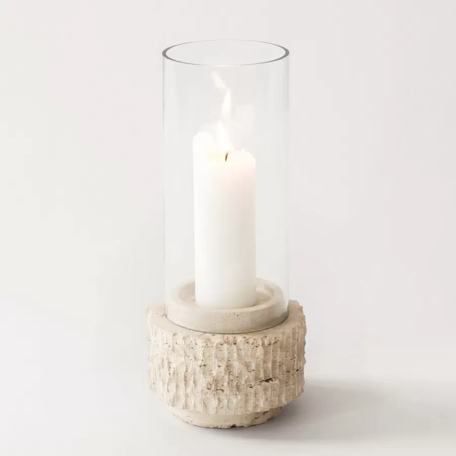 TELL ME MORE - Travertin lysestage med glas, Ø:13*30