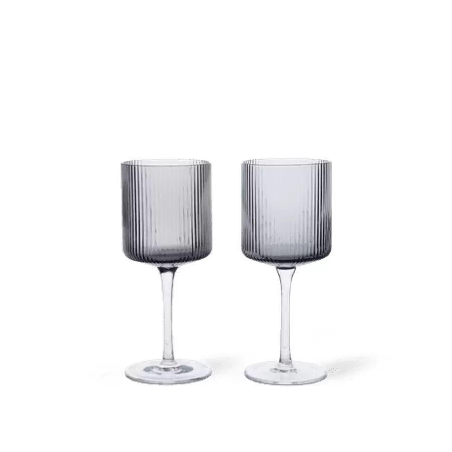 ferm LIVING - 2 stk. Ripple Hvidvinsglas, Smoked Grey