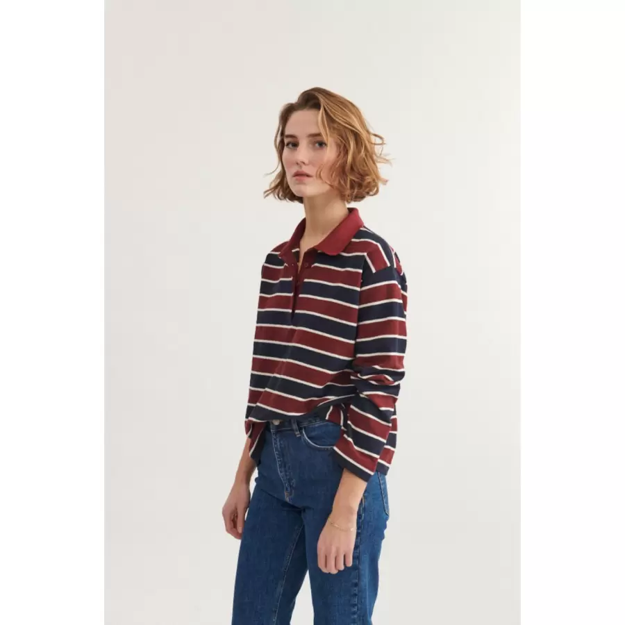 Basic Apparel - Anneli Polo LS Tee, Bordeaux/Sky captain