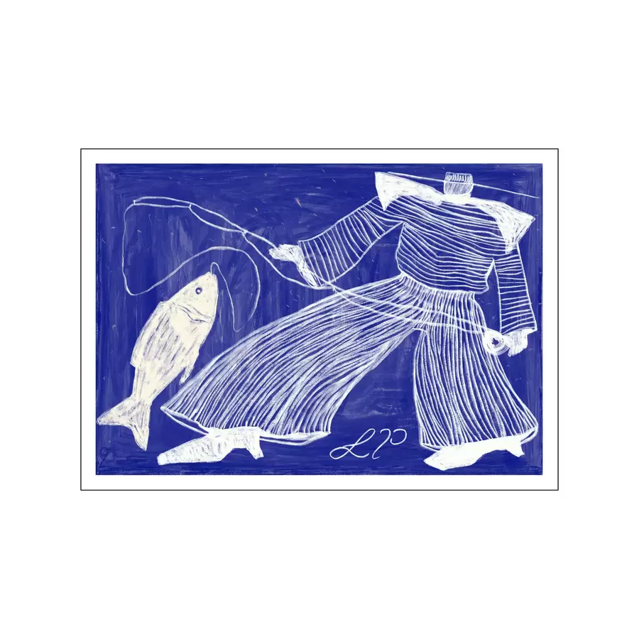 The Poster Club - Sam Fishing INDRAMMET i blå træramme A4