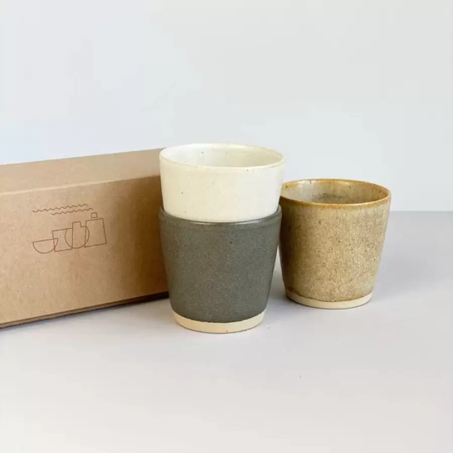 Bornholms Keramikfabrik - 3 stk. i sampak Ø-kopper Moods Collection, Stone Island, Creamy White and Sand, Sand