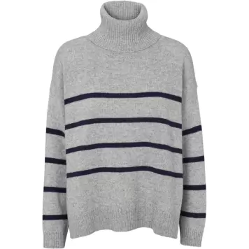 Basic Apparel - Lise Stribet T-neck, Light Grey Melange/Sky Captain Basic Apparel - Lise Stribet T-neck, Light Grey Melange/Sky Captain
