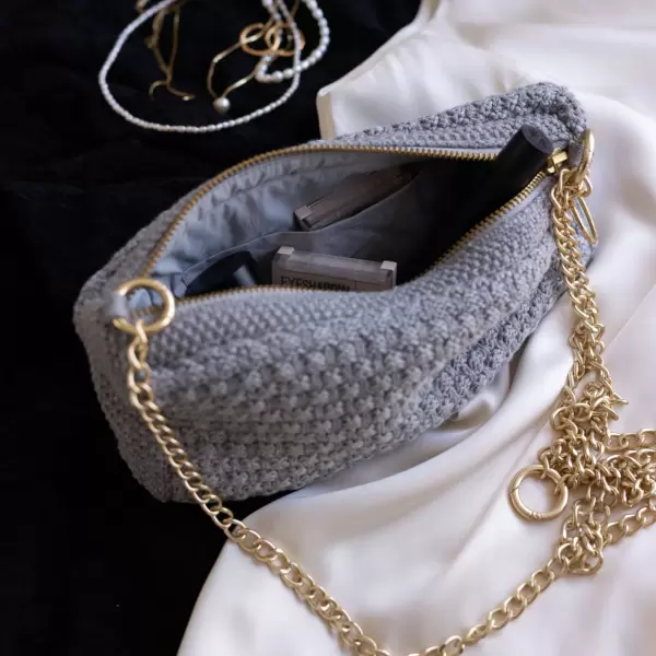 By LOHN - Strikket Clutch Petra, Cross Body Kæde, Med. Grey Melange