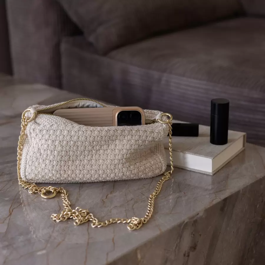 By LOHN - Strikket Clutch Petra, Cross Body Kæde, Beige Melange
