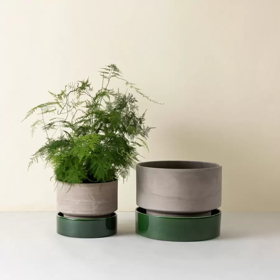 Bergs Potter - Ø:40 Sæt The Hoff, Uglaseret Grå Krukke + Glaseret Emerald Green Underskål - Hent selv